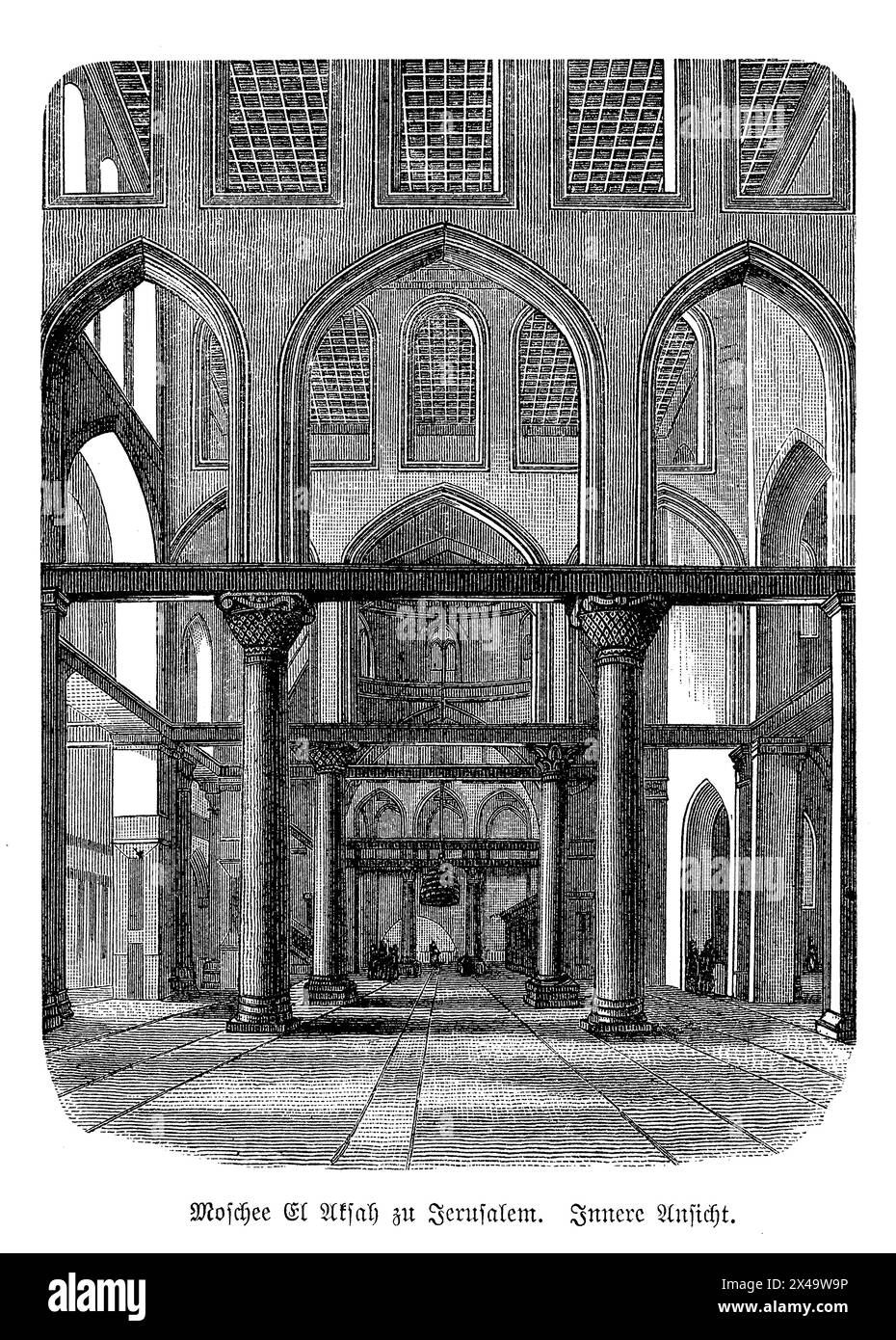 Die Al-Aqsa Moschee im Herzen der Altstadt von Jerusalem verfügt über einen großen und reich verzierten Gebetssaal, der von Reihen alter Säulen und Bögen gestützt wird. Die Decke der Moschee zeigt wunderschöne Holzschnitzereien, ein Zeugnis von jahrhundertelanger Handwerkskunst und Hingabe. Das Bild vermittelt einen Moment der stillen Ehrfurcht, mit Lichtwellen, die durch die Fenster strömen, die Staubhütten in der Luft und die detaillierten Mauerwerke hervorheben und das zeitlose Wesen dieses heiligen Ortes festhalten Stockfoto Die Al-Aqsa Moschee im Herzen der Altstadt von Jerusalem verfügt über einen großen und reich verzierten Gebetssaal, der von Reihen alter Säulen und Bögen gestützt wird. Die Decke der Moschee zeigt wunderschöne Holzschnitzereien, ein Zeugnis von jahrhundertelanger Handwerkskunst und Hingabe. Das Bild vermittelt einen Moment der stillen Ehrfurcht, mit Lichtwellen, die durch die Fenster strömen, die Staubhütten in der Luft und die detaillierten Mauerwerke hervorheben und das zeitlose Wesen dieses heiligen Ortes festhalten Stockfoto
