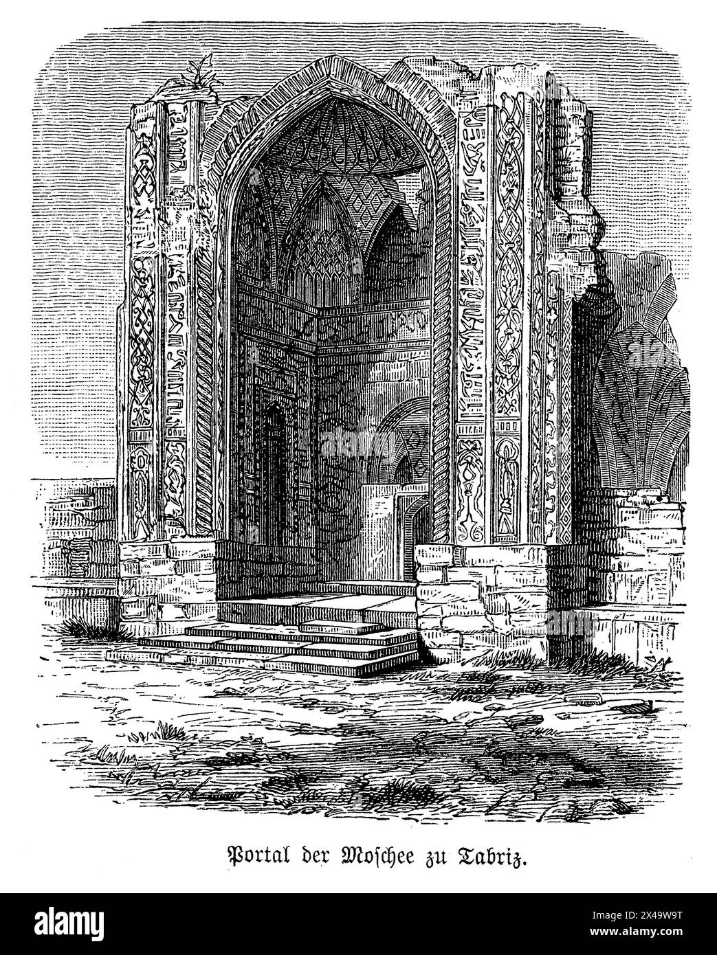 Eine künstlerische Darstellung der Ruinen des Eingangsportals der Blauen Moschee in Tabriz, Iran, die im 15. Jahrhundert erbaut wurde und das Wesen seiner atemberaubenden architektonischen und künstlerischen Errungenschaften festlegt. Dieser große Iwan steht hoch, eingerahmt von aufwendig geschnitzten Bögen, die über ihnen schweben, mit detaillierter islamischer Kalligraphie und einem Wandteppich aus floralen und geometrischen Motiven verziert. Das gesamte Portal ist mit einer atemberaubenden Auswahl an azurblauen und Saphirmosaikfliesen bedeckt, die unter dem Sonnenlicht schimmern und den Spitznamen der Moschee „Blaue Moschee“ widerspiegeln. Das Bildmaterial würde die Tiefe und Komplexität der Kachel zeigen Stockfoto