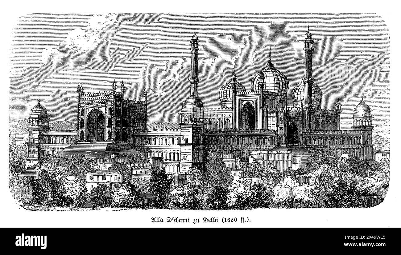 JAMA Masjid von Delhi ist eine der größten und prächtigsten Moscheen Indiens. Diese 1656 unter der Schirmherrschaft des Mogulkaisers Shah Jahan fertiggestellte Moschee ist mit ihrem riesigen Innenhof, den imposanten Kuppeln aus rotem Sandstein und weißem Marmor und den zwei hoch aufragenden Minaretten ein prächtiges Beispiel der Mogularchitektur. Seine Präsenz beherrscht die Landschaft von Alt-Delhi und dient sowohl als zentraler Ort der Anbetung als auch als historisches Denkmal Stockfoto