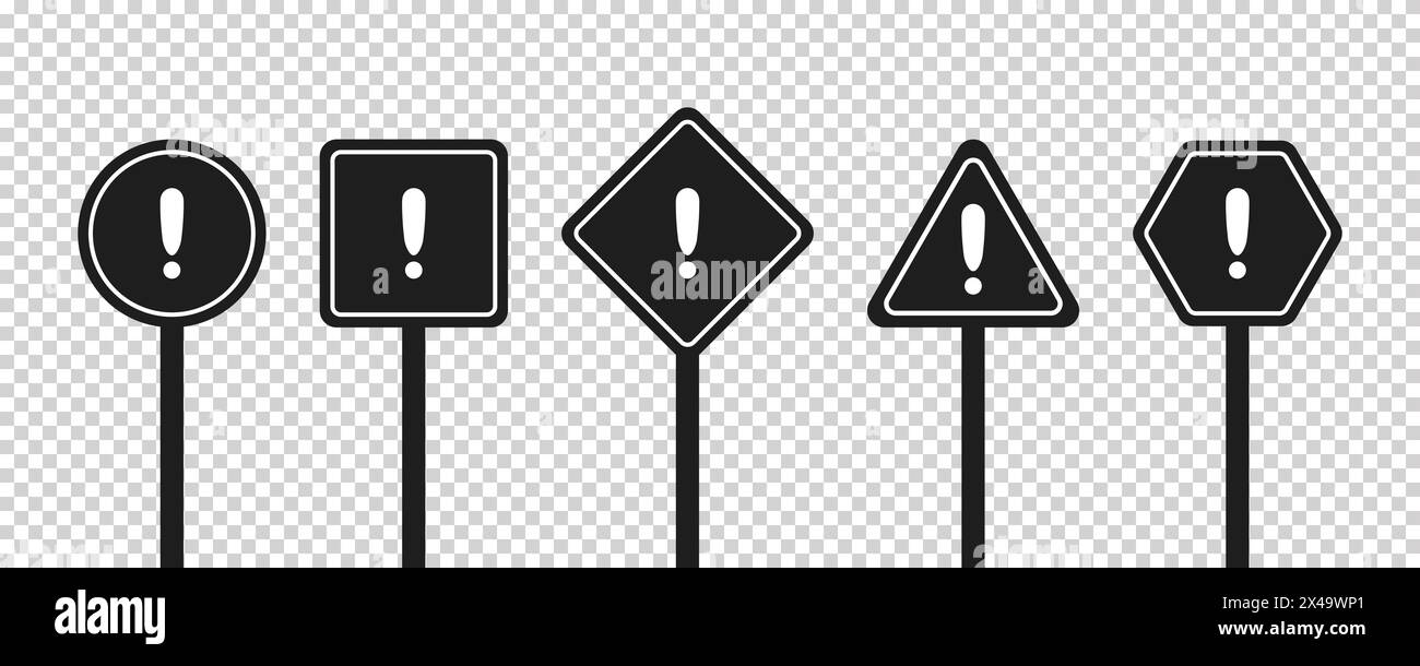 Set aus runden, quadratischen, rhombischen, dreieckigen und sechseckigen schwarzen Straßenschildern mit Ausrufezeichen. Warnschild. Vektorsymbole für Warnungen über den Standort Stock Vektor