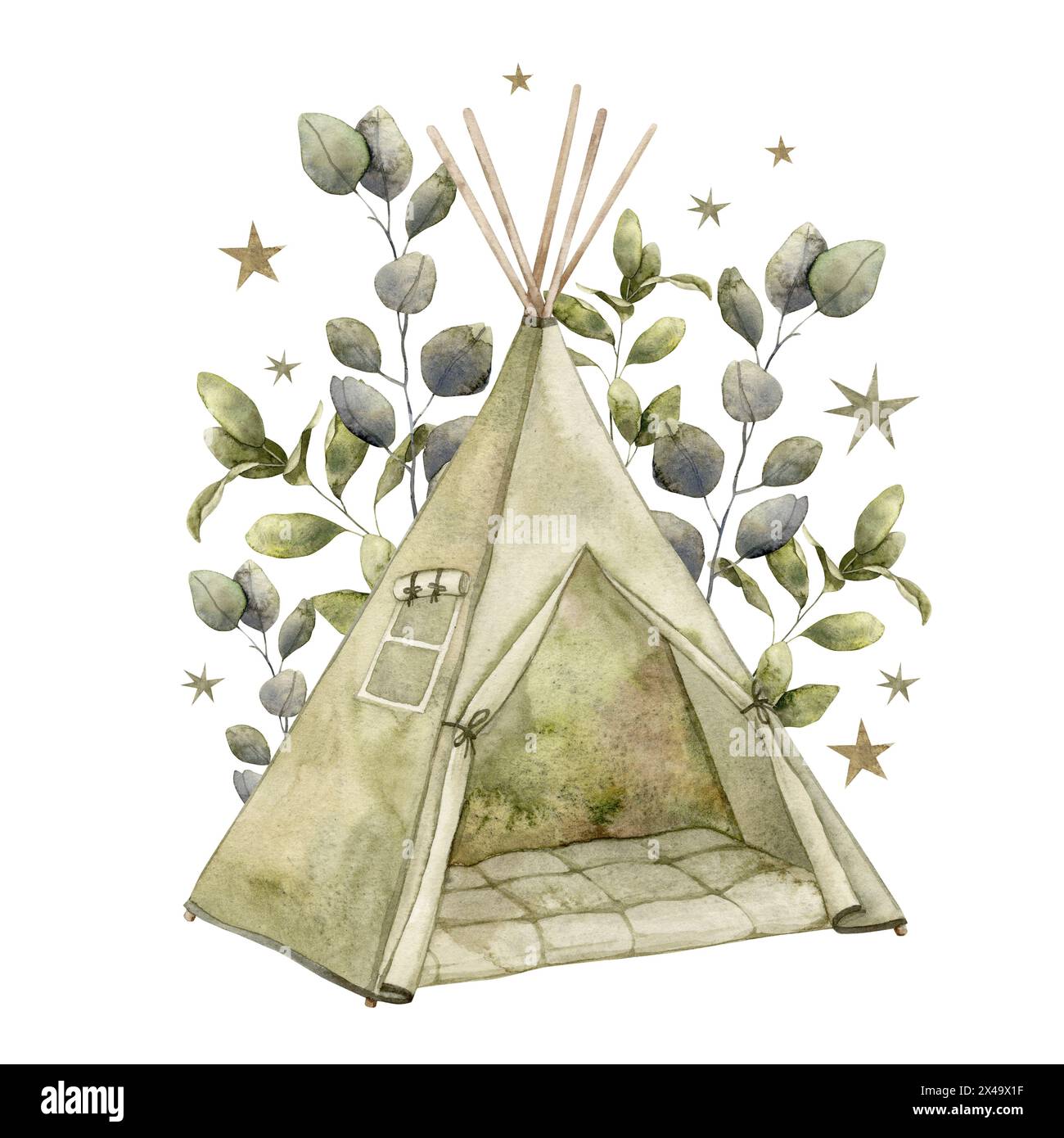 Aquarellillustration einer grünen Kinderhütte, Wigwam und grünen Zweigen mit Blättern. Handgezeichnete Zeichnung auf isoliertem Hintergrund für Kinder Stockfoto