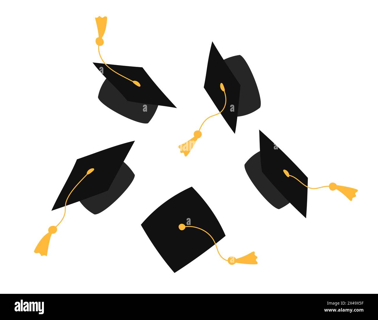Graduierungskappen in luftisolierter Flachvektordarstellung. Ein paar quadratische akademische Hüte, die zusammen geworfen wurden. Mortarboards wurden hochgeworfen. High School, College Stock Vektor