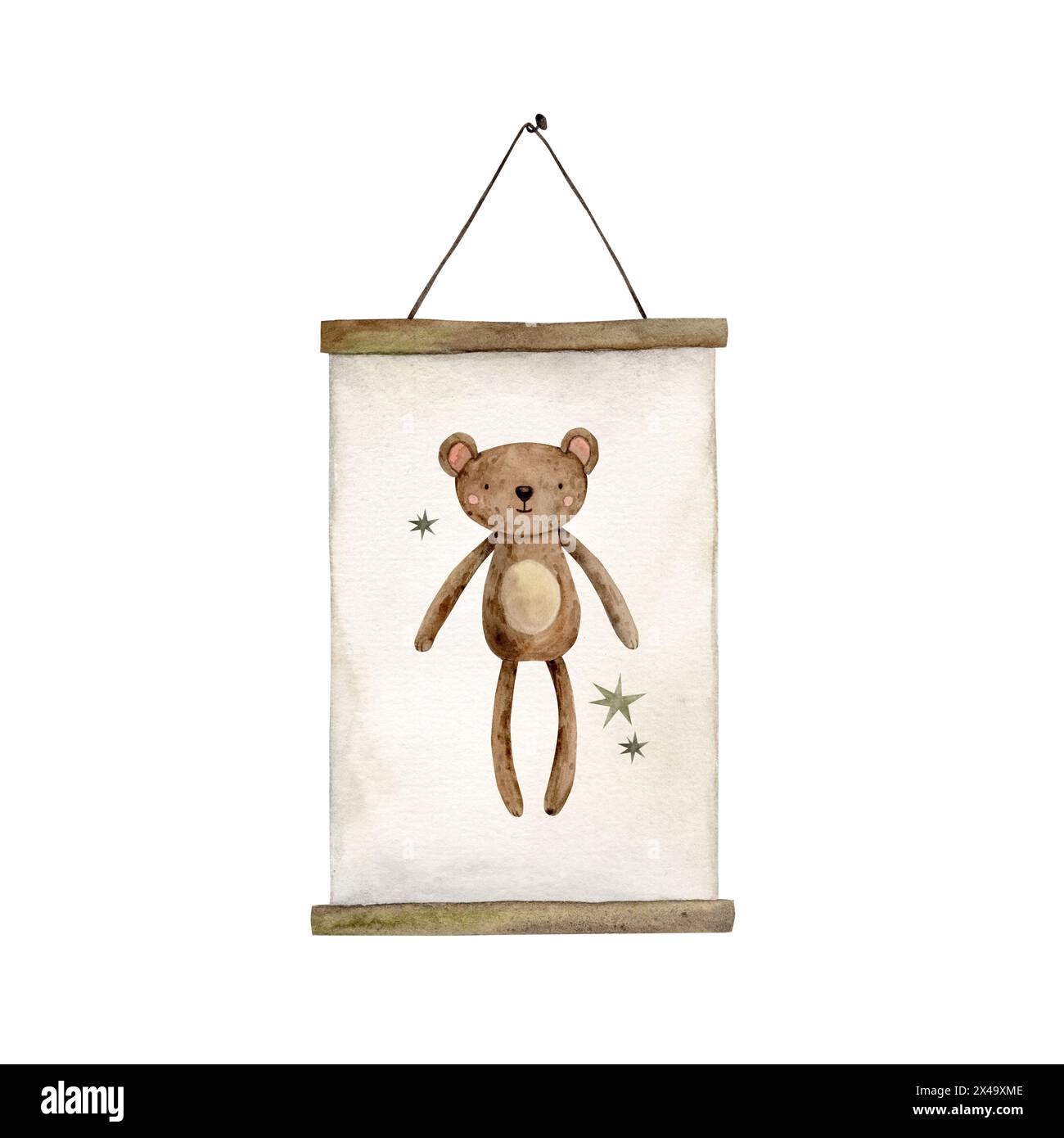 Weißes Poster in Holzrahmen mit einem Muster eines Braunbären und Sternen. Das Poster hängt an der Wand. Isolierte Aquarellillustration für Kinder Stockfoto