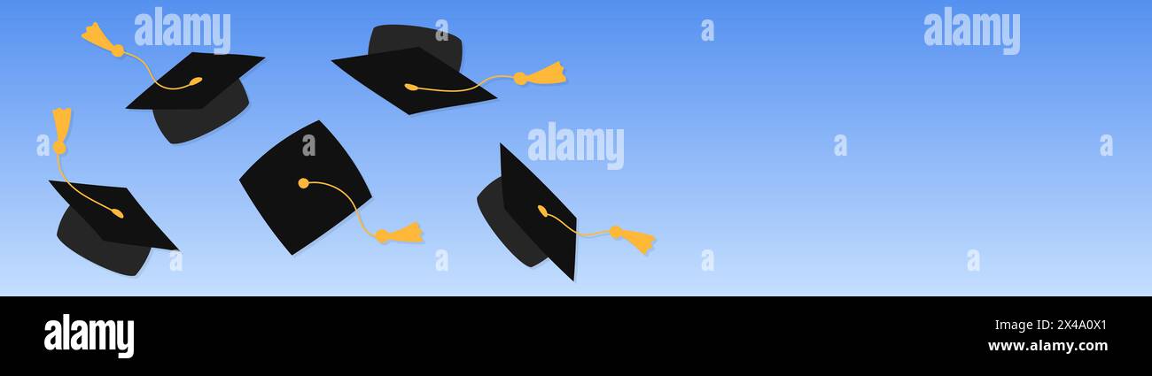 Webbannervorlage für Abschlussabschlüsse mit Kopierbereich. Akademische Absolventenkappen in Luft zusammengeschüttet. Mortarboards wurden hochgeworfen. Horizontale Vektordarstellung Stock Vektor