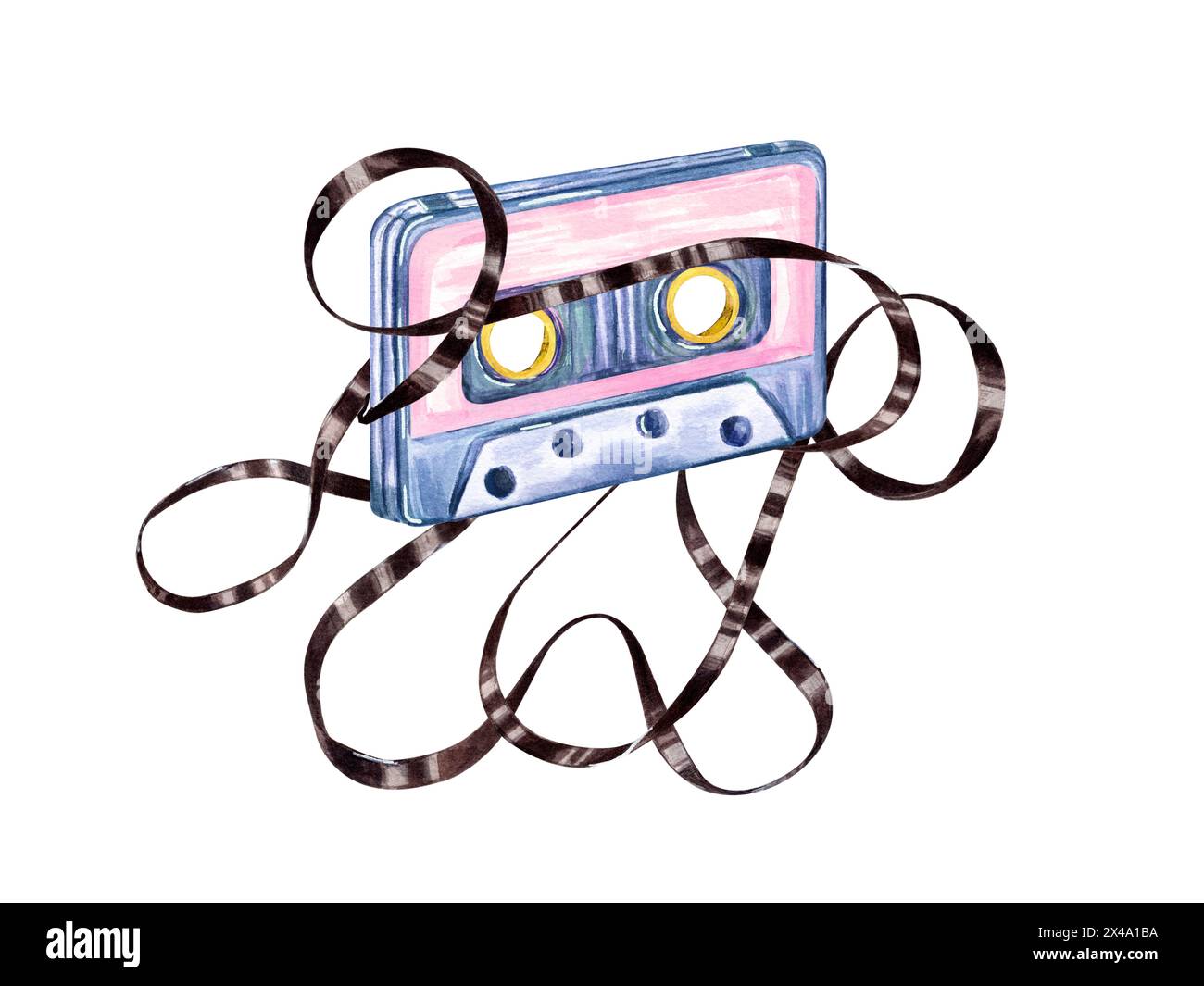 Alte Audiokassette mit verworrenen Bändern. Retro-Audio-Kassetten im Nostalgie-Stil. Braunes Magnetband. Kompakte Vintage-Kassette mit mehrfarbigem Sound. Stockfoto