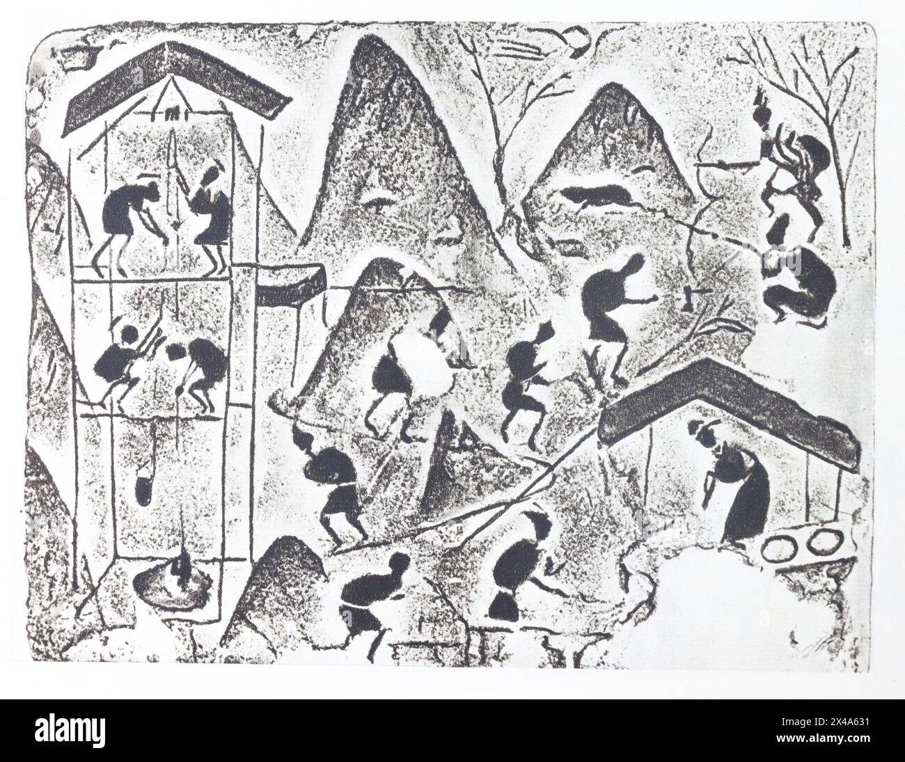 Extraktion von Steinsalz. Relief auf Ziegeln von Han-Gräbern in der chinesischen Provinz Sichuan - 1. Jahrhundert v. Chr. - 1. Jahrhundert n. Chr. Fotografie der ersten Hälfte des 20. Jahrhunderts. Stockfoto