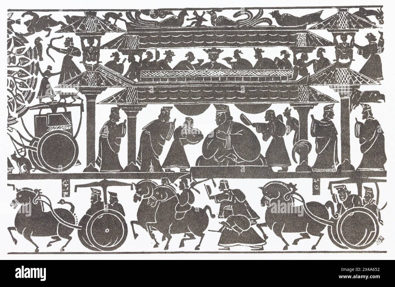 Großer Empfang im Palast. Unten sind bewaffnete Reiter und Kutschen. Steinrelief aus einem Familientempel in der Provinz Shandong, 2. Jahrhundert n. Chr. Stockfoto