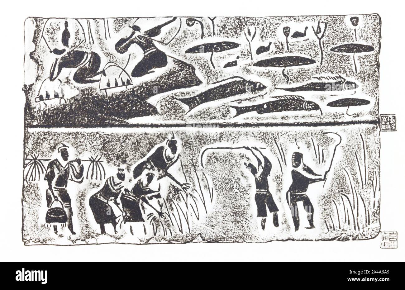 Szenen der Jagd und Ernte. Relief auf Ziegelsteinen aus Han-Gräbern in Sichuan - 1. Jahrhundert v. Chr. - 1. Jahrhundert n. Chr. Fotografie der ersten Hälfte des 20. Jahrhunderts. Stockfoto