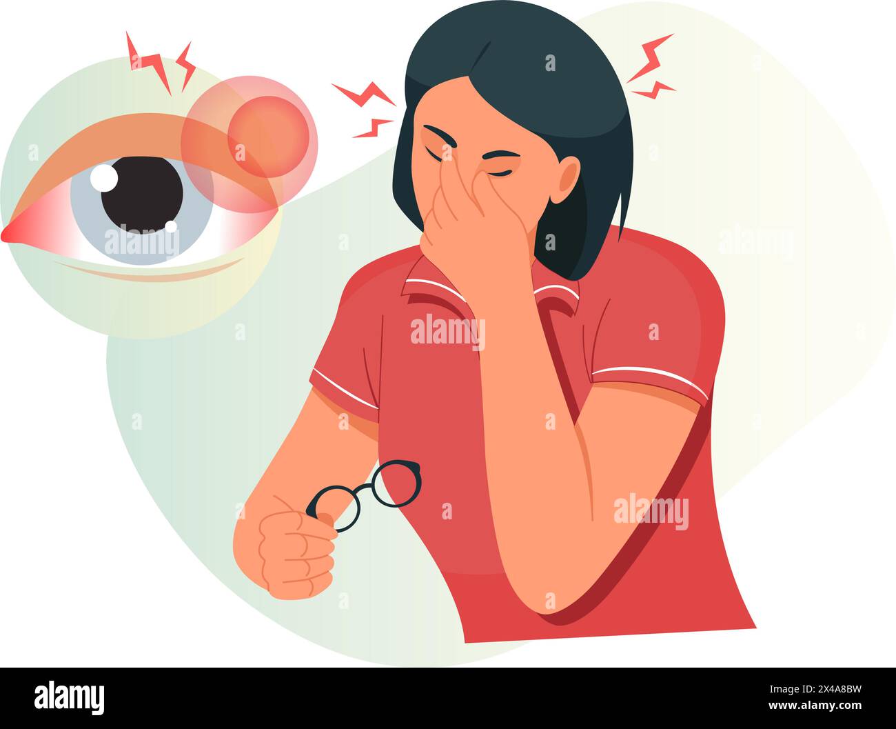 Digital Eye Strain, Person sitzend auf dem Arbeitstisch mit Augenbelastung – Stock Illustration als EPS 10-Datei Stock Vektor