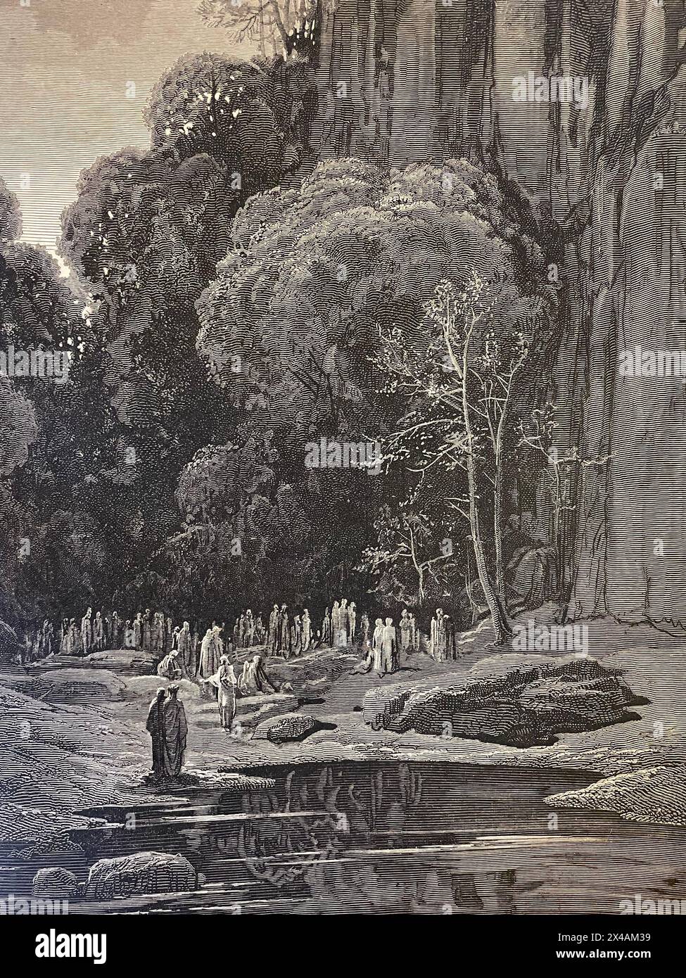 Foto eines Bildes aus der Göttlichen Komödie Fegefeuer, das Vergil und Dante Alighieri auf ihrer Reise durch das Fegefeuer zeigt Stockfoto