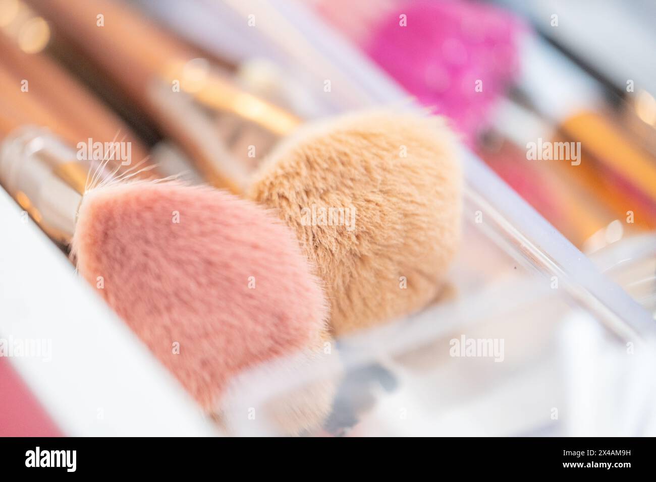 Detail eines Make-up-Sets. Weiche Pinsel sind im Vordergrund scharf zu sehen Stockfoto