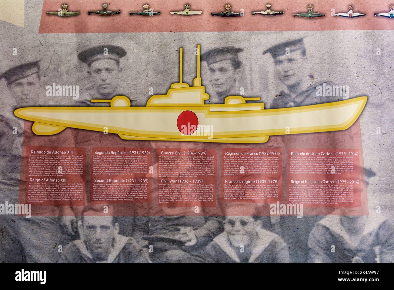 Die Geschichte der spanischen U-Boot-Waffe von der Herrschaft Alfonso XIII. Bis zu der von Juan Carlos I. im Marinemuseum der Stadt Cartagena. Stockfoto