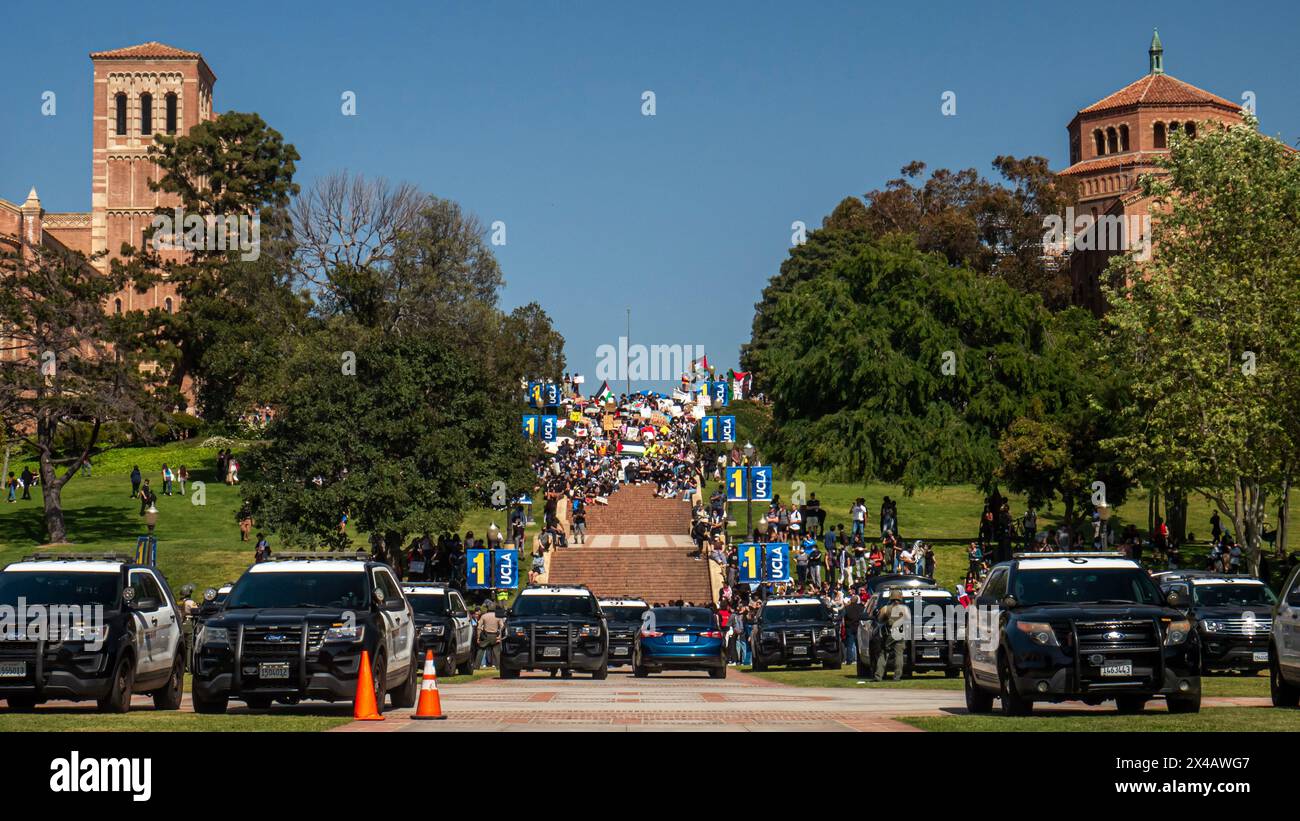 Los Angeles, USA. Mai 2024. Polizeifahrzeuge versammelten sich in der Nähe der Janss Steps auf dem Campus der UCLA. Ein Lager, das gegen den Krieg in Gaza protestiert, wurde auf dem Royce Quad auf dem Campus der UCLA, der University of California, Los Angeles, eingerichtet. Demonstranten richteten Zelte und Schilder auf dem Quad ein, um gegen den Krieg zwischen Israel und Palästina zu protestieren. Quelle: Stu Gray/Alamy Live News. Stockfoto