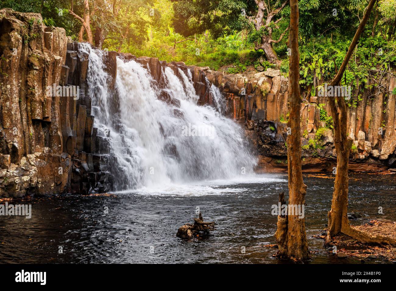 Rochester fällt auf die Insel Mauritius. Wasserfall im Dschungel der tropischen Insel Mauritius. Versteckter Schatz Rochester fällt auf Mauritius Stockfoto