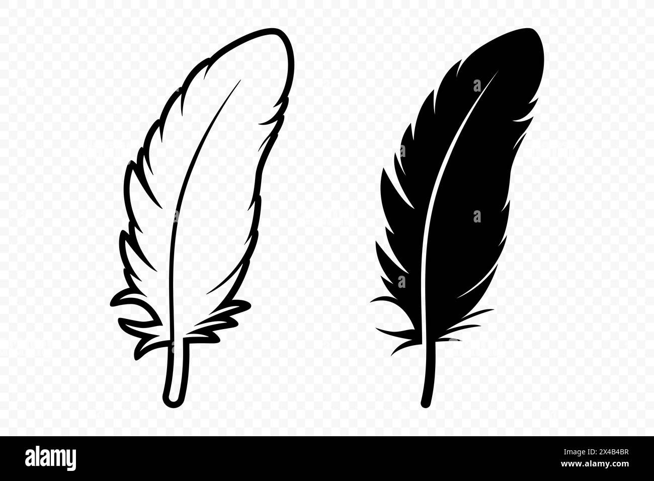 Vector Schwarz und weiß Logosymbole mit flauschigen Federn. Silhouette Feather Set Closeup Isoliert. Designvorlage für Flamingo, Engel, Vogelfeder. Leichtigkeit Stock Vektor