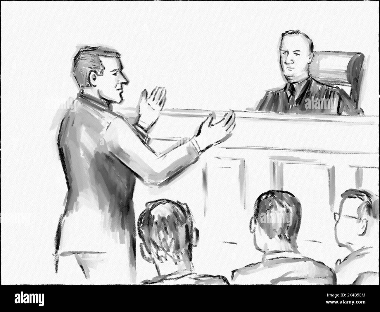 Pastellstift und Tuschenskizze Illustration einer Gerichtsverhandlung mit Anwalt streitet Fall mit Richter in einem Gerichtsverfahren im Gerichtsgericht von l Stockfoto