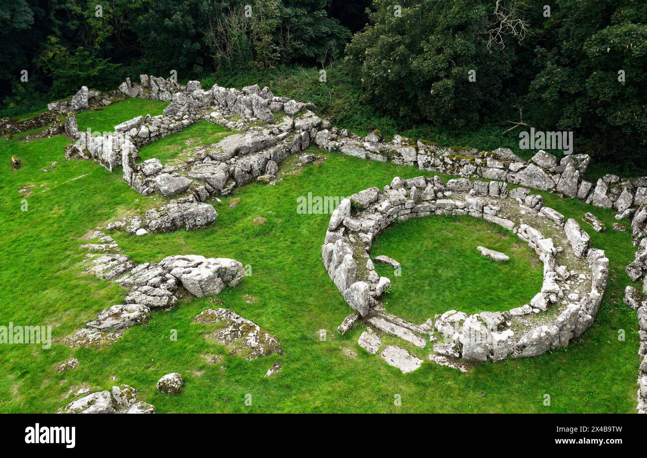 DIN Lligwy keltisches eisenzeitliches römisches Dorf in der Nähe von Moelfre, Anglesey, Nordwales, Vereinigtes Königreich. Eines der runden Steinhüttenfundamente Stockfoto