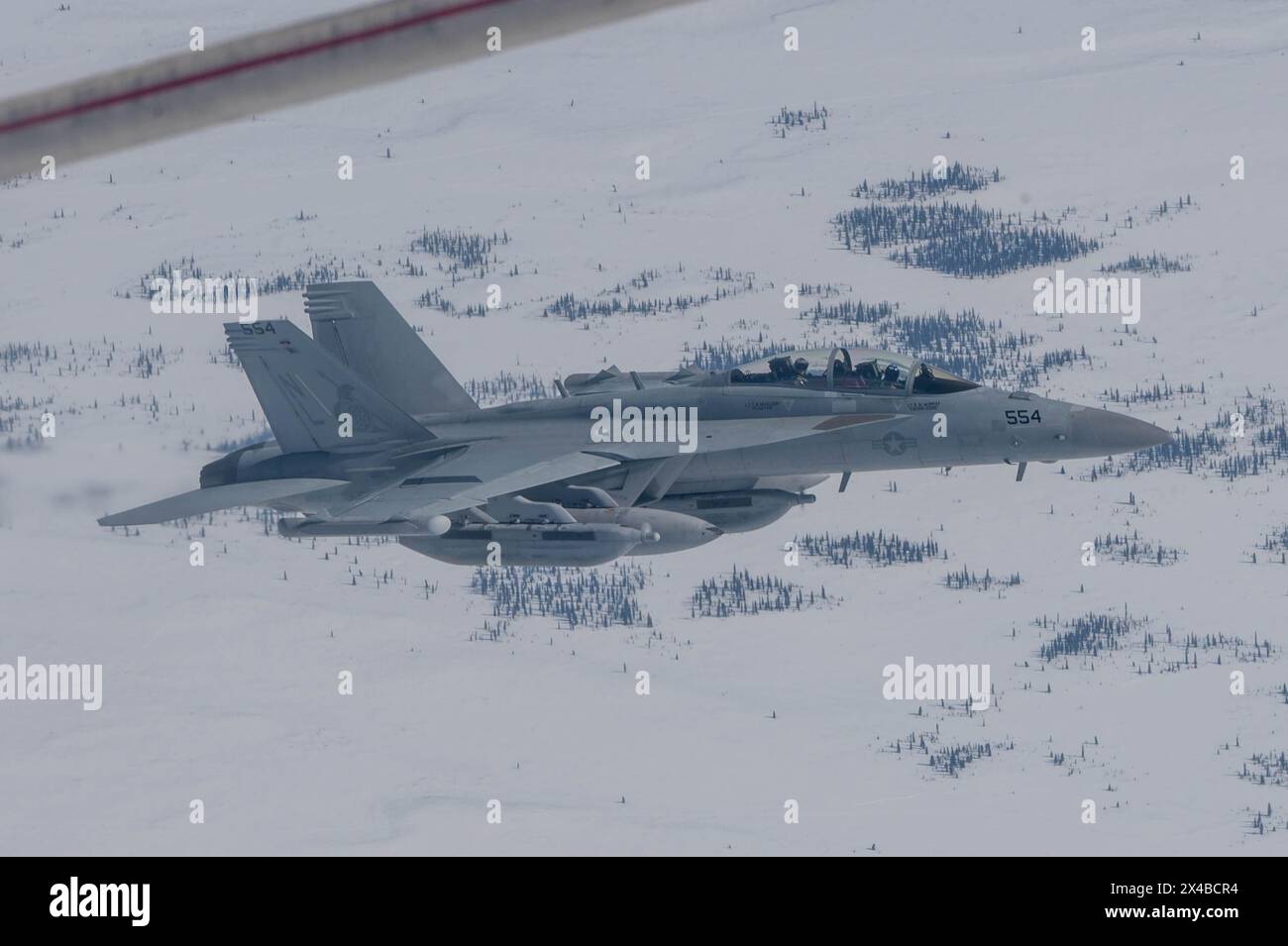 Ein EA-18G Growler der Electronic Attack Squadron (VAQ) 131 fliegt im Joint Pacific Alaska Range Complex während Red Flag-Alaska 24-1, Al Stockfoto