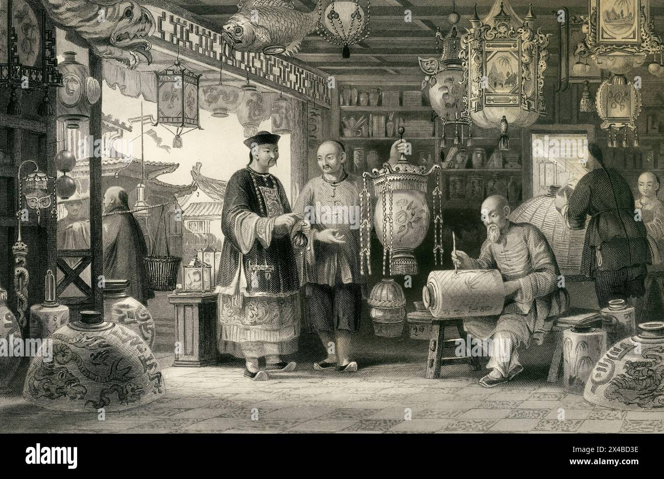 Ausstellungsraum eines Laternen-Händlers, in Peking / Peking China / gezeichnet von T. Allom mit Gravur von F F. Walker Stockfoto