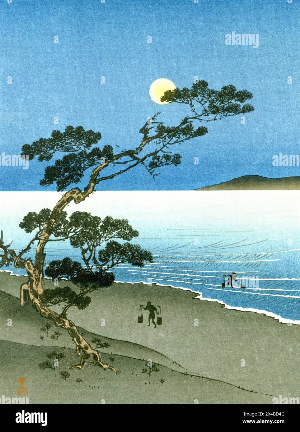 SUMA Beach at Night, Arai Yoshimune Pine Tree Silhouetten gegen Twilight Moon über ruhiger Küste mit Fischern 1920 japanische Ukiyo-e Kunst Stockfoto