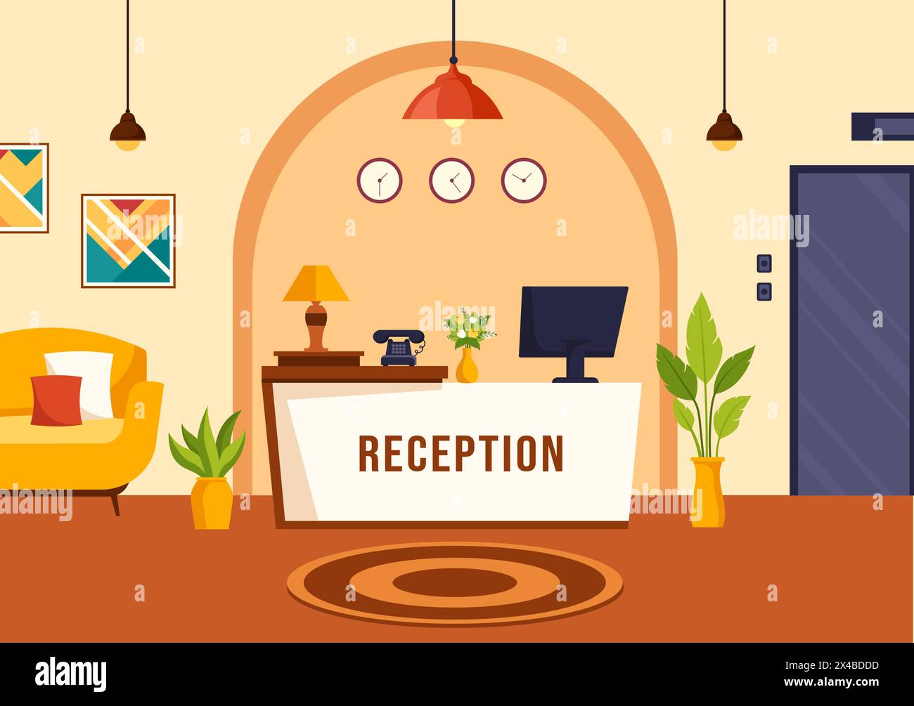 Hotelrezeption Innere Vektor-Illustration mit Rezeptionisten Menschen und Reisenden für die Buchung in Flat Cartoon Hintergrund Stock Vektor