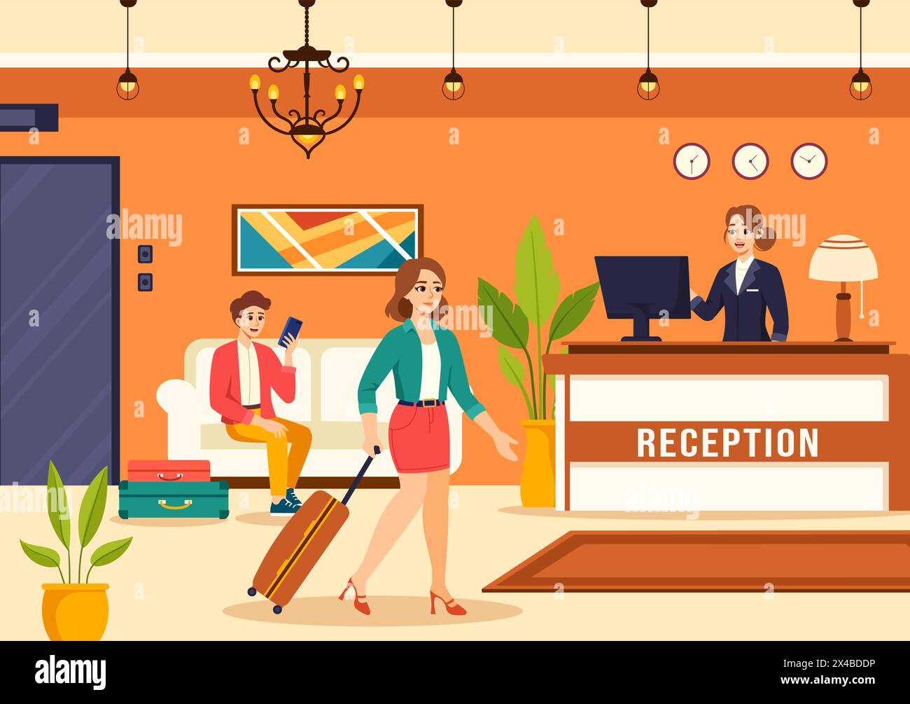 Hotelrezeption Innere Vektor-Illustration mit Rezeptionisten Menschen und Reisenden für die Buchung in Flat Cartoon Hintergrund Stock Vektor