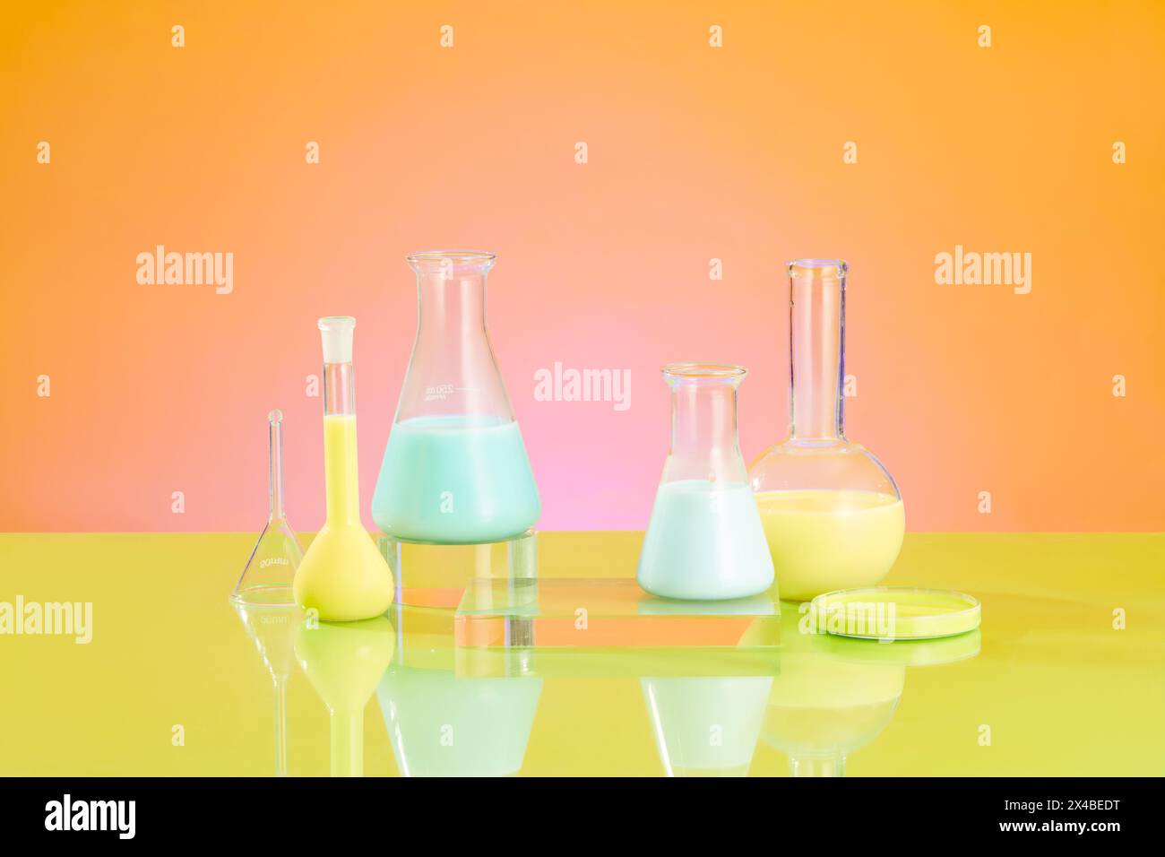 Laborkonzept mit Laborgeräten - erlenmeyerkolben, Siedekolben und Petrischale gefüllte Farbflüssigkeit auf orangefarbenem Hintergrund. Platz für d Stockfoto