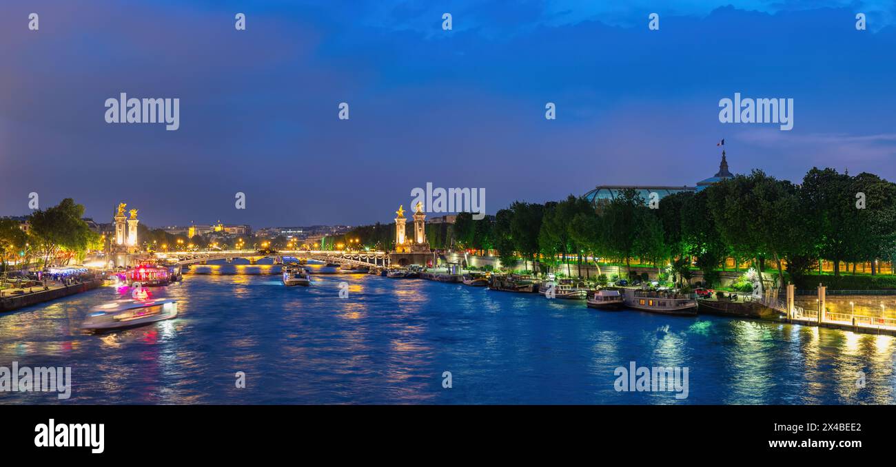 Paris Frankreich, Panoramablick auf die Skyline der Stadt bei Nacht auf der seine mit Brücke Pont Alexandre III und Grand Palais Stockfoto