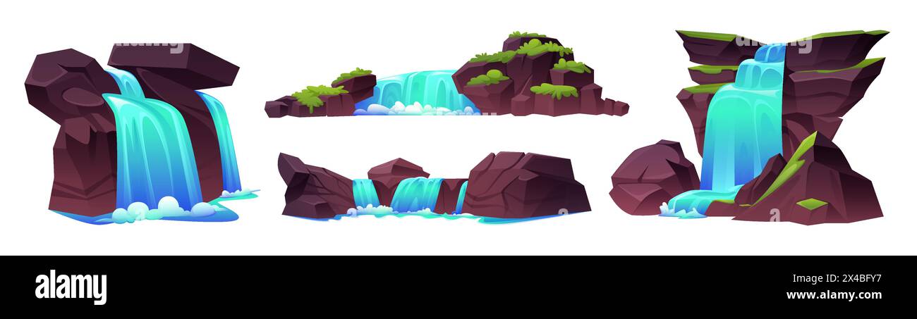 Felsige Wasserfälle auf weißem Hintergrund. Vektor-Karikaturillustration des Flusses Wasser fließt hinunter Steinkaskade, grünes Gras wächst auf Hügel, tropischen Wald, Dschungelpark Design Elemente Stock Vektor