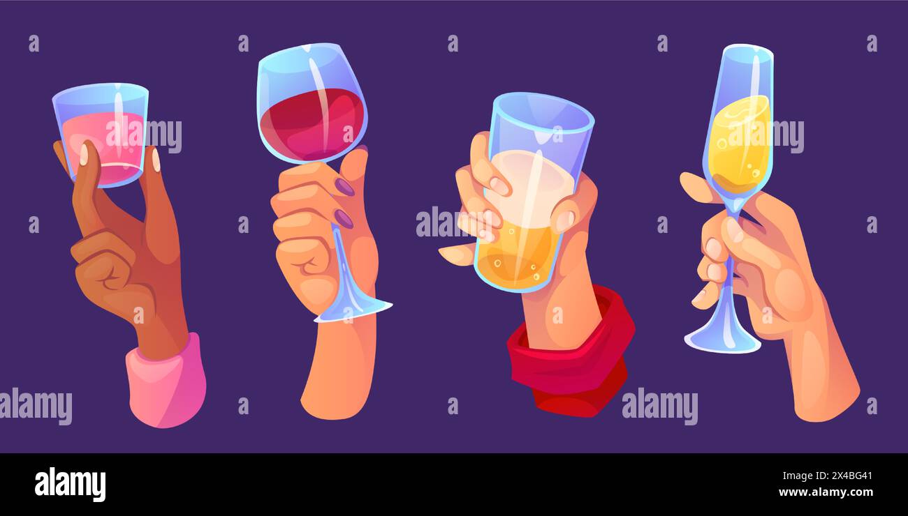 Männliche und weibliche Hand, die Glas mit Alkoholgetränken hält. Zeichentrickvektor-Illustration Set des menschlichen Arms mit Cocktail für Party und Event Feier Konzept. Rosa Rotwein, Champagner und Bier. Stock Vektor