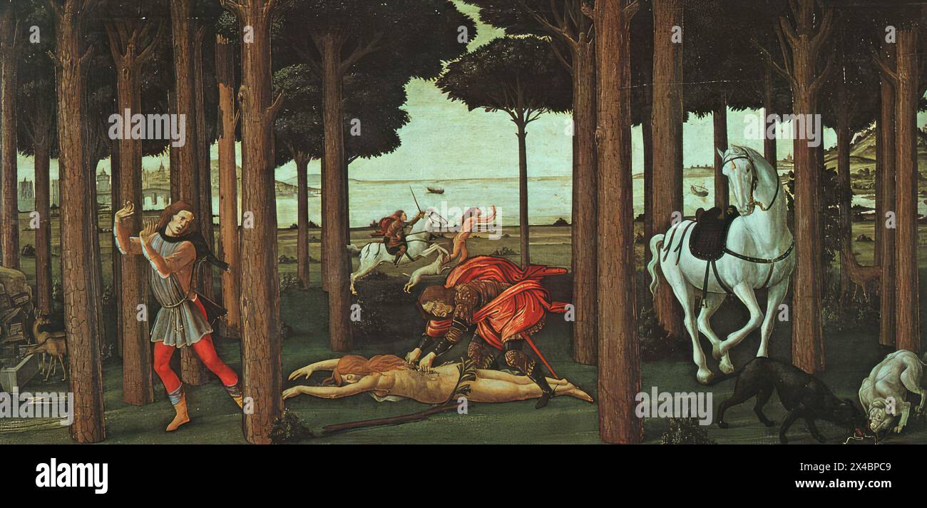 BOTTICELLI, Sandro (* 1445, Firenze, d. 1510, Firenze) die Geschichte von Nastagio degli Onesti (zweite Folge) 1483 Tempera auf der Tafel, 82 x 138 cm Museo del Prado, Madrid in der zweiten Folge ist die Frau gefallen, von den Hunden gebissen, vom Schwert verletzt. Der Ritter steigt aus, schneidet ihr den Rücken auf und reißt ihr das Herz heraus, um es seinen Hunden zu füttern. Die Frau geht auf die Füße und läuft wieder, das Pferd und die Hunde beginnen die Jagd wieder. Degli Onesti erkennt, dass er Zeuge einer Phantomjagd war, eines Fluches. *** Stichwörter: ************* Autor: BOTTICELLI, Sandro Titel: The Sto Stockfoto