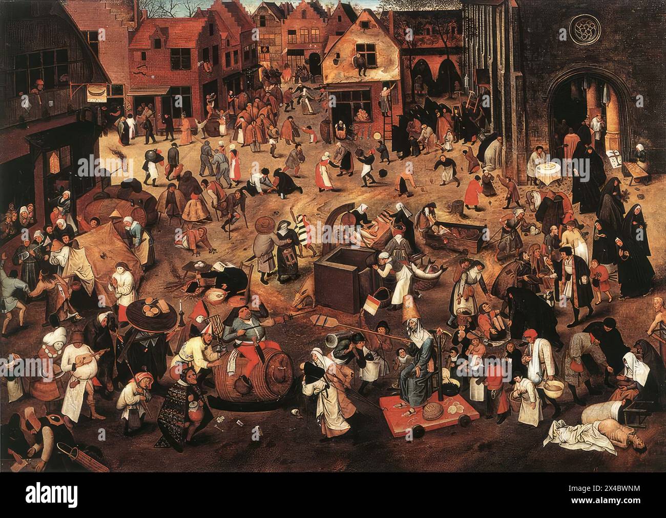BRUEGHEL, Pieter der Jüngere (* 1564, Bruxelles, d. 1638, Antwerpen) Schlacht von Karneval und Fastenzeit - Öl auf Holz, 121,3 x 171,5 cm Musées Royaux des Beaux-Arts, Brüssel wenn Pieter Bruegel der ältere zu Lebzeiten einen soliden Ruf genoss, waren seine Gemälde „nach seinem Tod noch begehrter“ (1569), wie Provost Morillon bereits 1572 an Kardinal de Granvelle schrieb. Es ist wahrscheinlich diese ständige Nachfrage, die den ältesten Sohn des berühmten Malers, der 1584/85 als Meister in der Antwerpener Zunft registriert war, dazu veranlasste, sich auf das Kopieren der Werke seines Vaters zu spezialisieren. Die Schlacht von Karneval und Fastenzeit Stockfoto