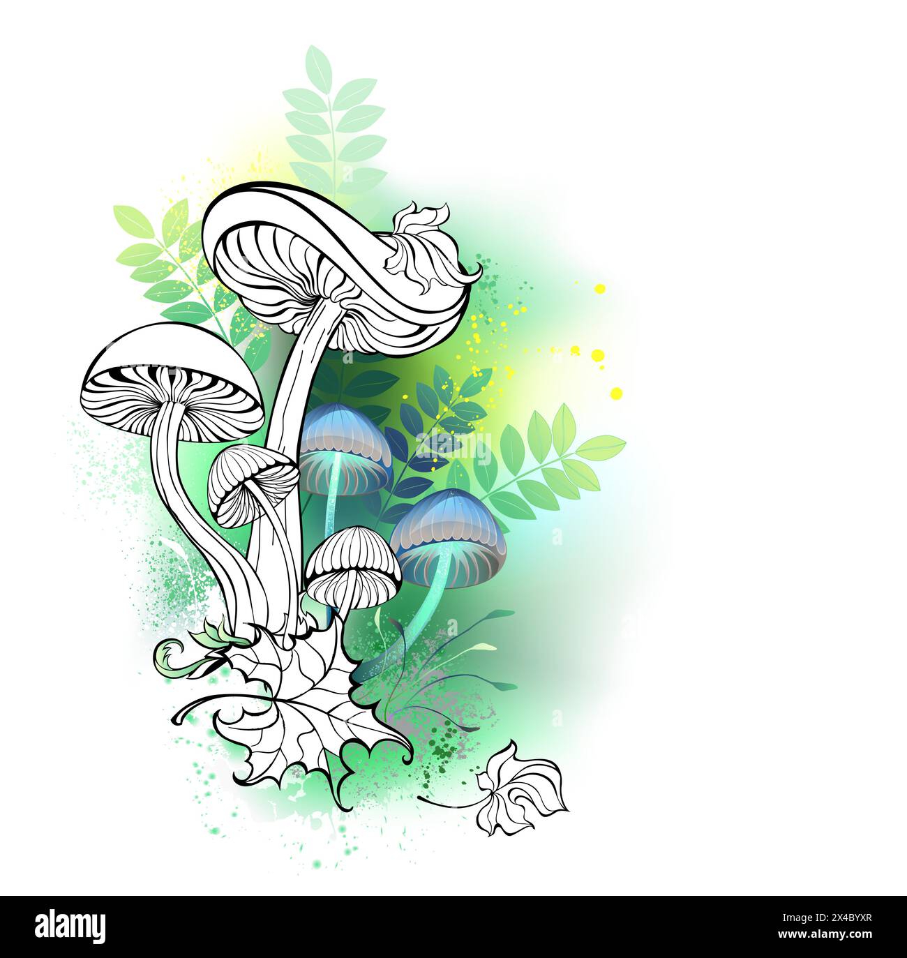 Künstlerisch gezeichnete Konturpilze auf grünem Waldhintergrund mit grünen Zweigen, grünen Kröten und Moos. Natürliches Design. Stock Vektor