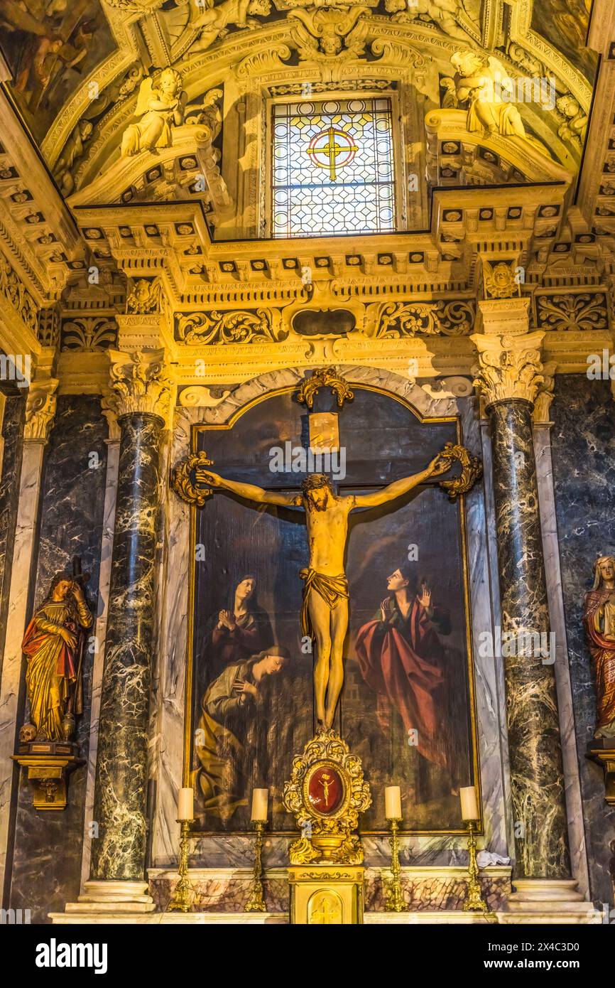 Saint Joseph Statue Tod Joseph Gemälde Kapelle Basilika Saint Marie und Saint Reparte de Nice, Cote d'Azur, Frankreich. Kapelle von 1652 Joseph Gemälde von JB Biscarra Mitte der 1800er Jahre Stockfoto