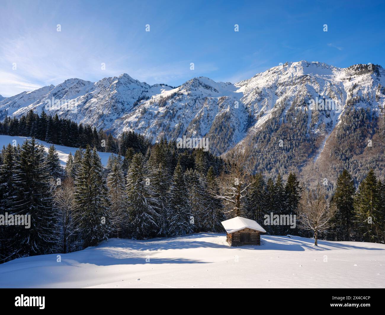 Tal des Flusses Trettach. Die Allgauer Alpen bei Oberstdorf im Winter in Bayern. Stockfoto