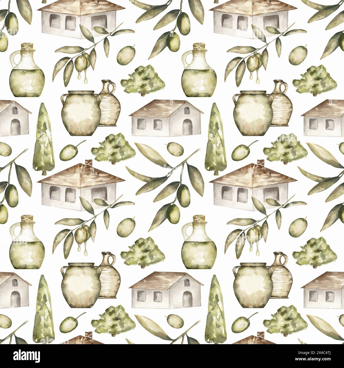 Aquarellmuster mit Verzierung italienischer Häuser, Olivenölflasche und Olivenbäumen, Sizilien wiederholen Muster Illustration isoliert auf weiß Stockfoto