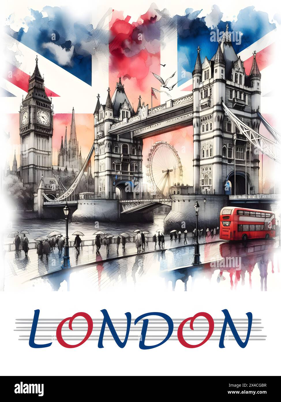 Künstlerische Illustration von Sehenswürdigkeiten in London im Vereinigten Königreich verschmolzen mit Nationalflagge Stockfoto