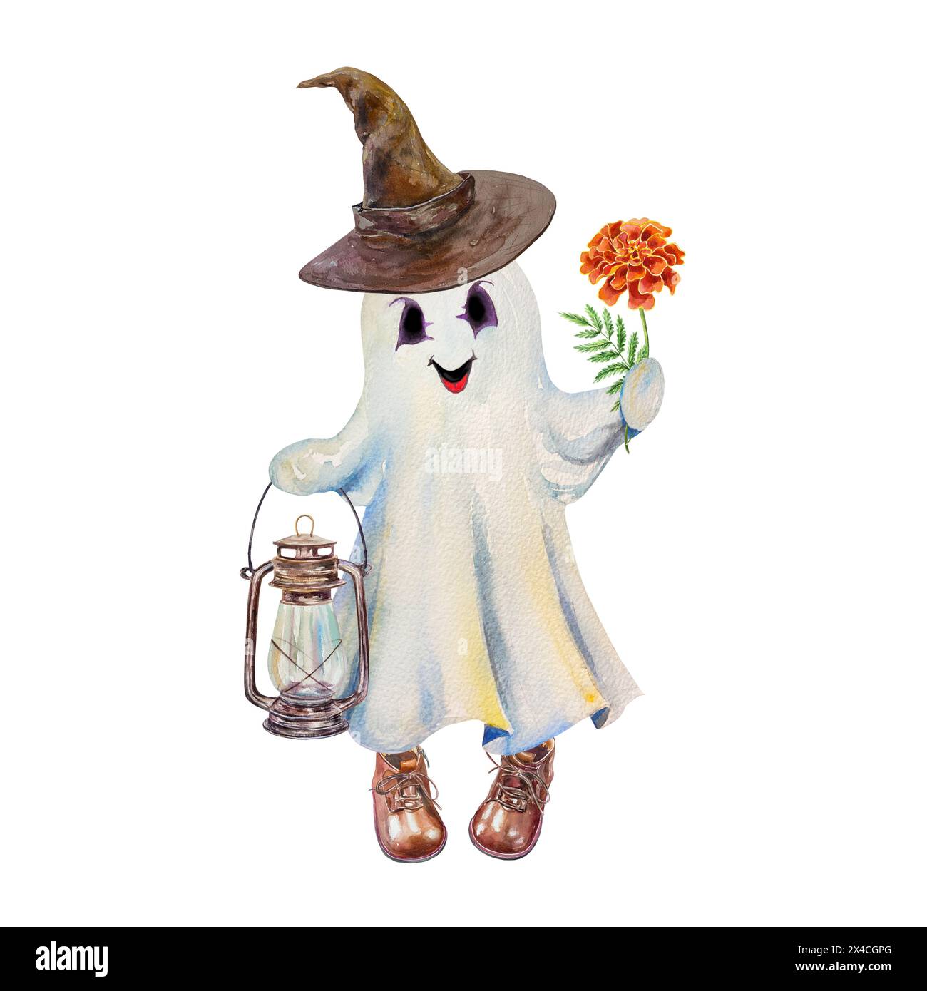 Halloween-Geist mit weißem Laken, Hut, Laterne und Blume. Handgezeichnete Aquarellillustration isoliert auf weißem Hintergrund. Für Karten, Inv Stockfoto