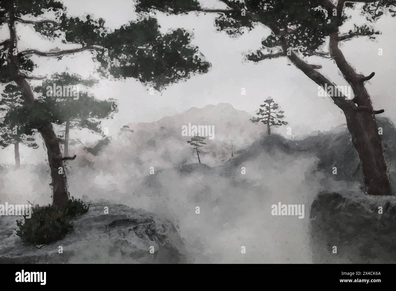 Digital Gemalte Wirkung Einer Asiatischen Landschaft Mit Misty Hills Und Bergen Stockfoto