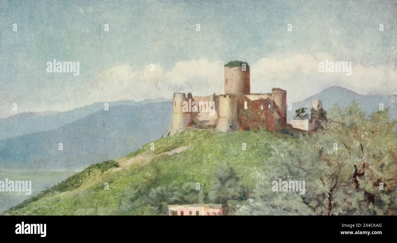 Ruine der Burg von Lattere auf den Hügeln oberhalb VON GRAGNANO der von dieser herrlichen Ruine gekrönte Hügel überblickt die gesamte Ebene von Pompeji. Aus dem Buch Naples, GEMALT VON AUGUSTINE FITZGERALD, BESCHRIEBEN VON SYBIL FITZGERALD, DAS 1904 VON ADAM & CHARLES BLACK LONDON VERÖFFENTLICHT WURDE Stockfoto