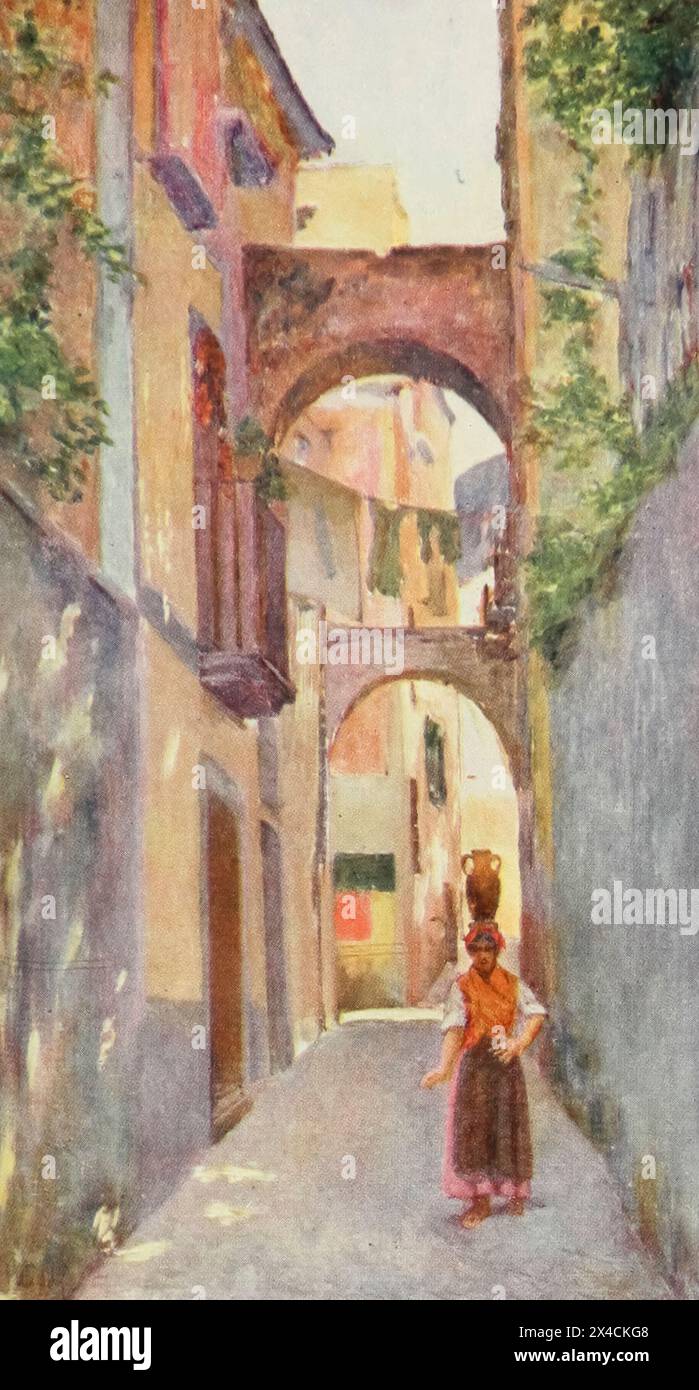 Straßenszene in Sorrento aus dem Buch Naples, GEMALT VON AUGUSTINE FITZGERALD, BESCHRIEBEN VON SYBIL FITZGERALD, VERÖFFENTLICHT VON ADAM & CHARLES BLACK LONDON IM Jahr 1904 Stockfoto