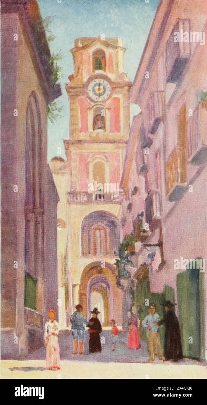 Clock Tower of Sorrento aus dem Buch Naples, GEMALT VON AUGUSTINE FITZGERALD, BESCHRIEBEN VON SYBIL FITZGERALD, VERÖFFENTLICHT VON ADAM & CHARLES BLACK LONDON IM Jahr 1904 Stockfoto