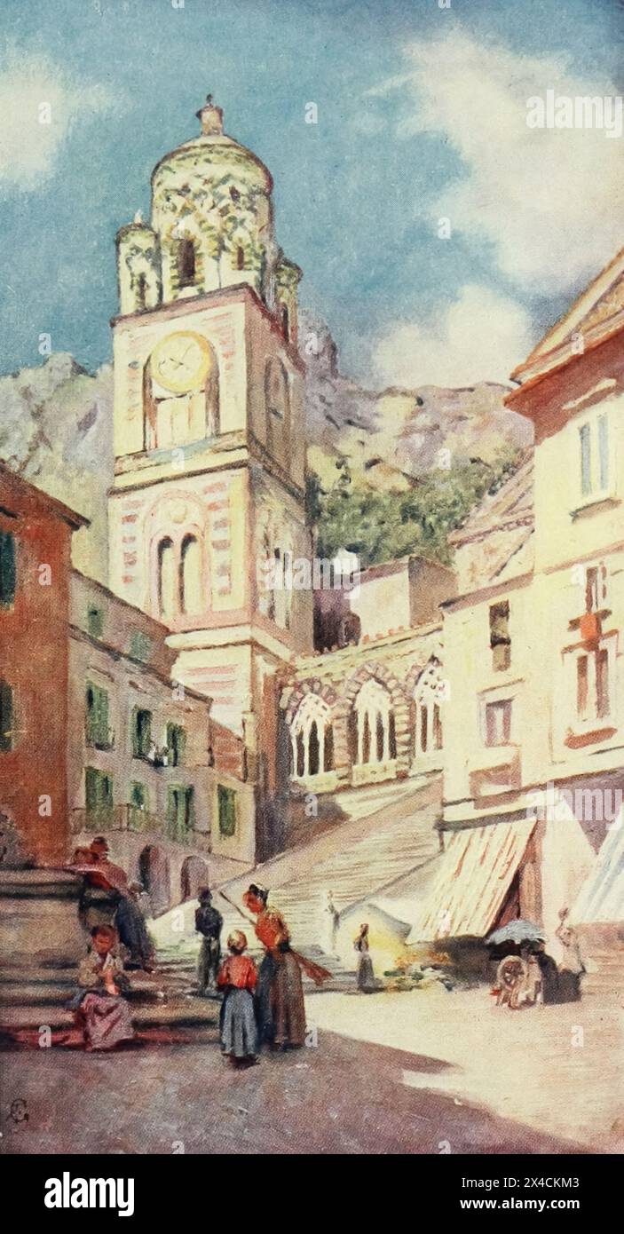 Kathedrale von Amalfi mit Blick auf die geschäftige piazza, den öffentlichen Brunnen und den Obstmarkt. Aus dem Buch Naples, GEMALT VON AUGUSTINE FITZGERALD, BESCHRIEBEN VON SYBIL FITZGERALD, DAS 1904 VON ADAM & CHARLES BLACK LONDON VERÖFFENTLICHT WURDE Stockfoto