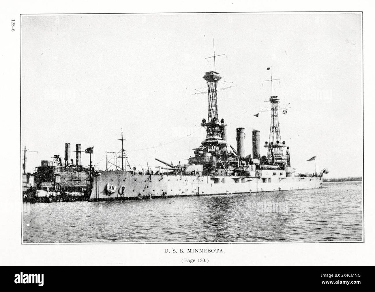 US S. Minnesota von den Vereinigten Staaten von Amerika. Office of Naval Records and Library Publication date 1920 USS Minnesota (BB-22), das fünfte von sechs vor-Dreadnought-Schlachtschiffen der Connecticut-Klasse, war das erste Schiff der United States Navy zu Ehren des 32. Bundesstaates. Sie wurde im Oktober 1903 bei der Newport News Shipbuilding Company in Newport News niedergelegt, im April 1905 gestartet und im März 1907 in die US-Flotte eingesetzt, nur vier Monate nach dem revolutionären britischen Schlachtschiff HMS Dreadnought e Stockfoto