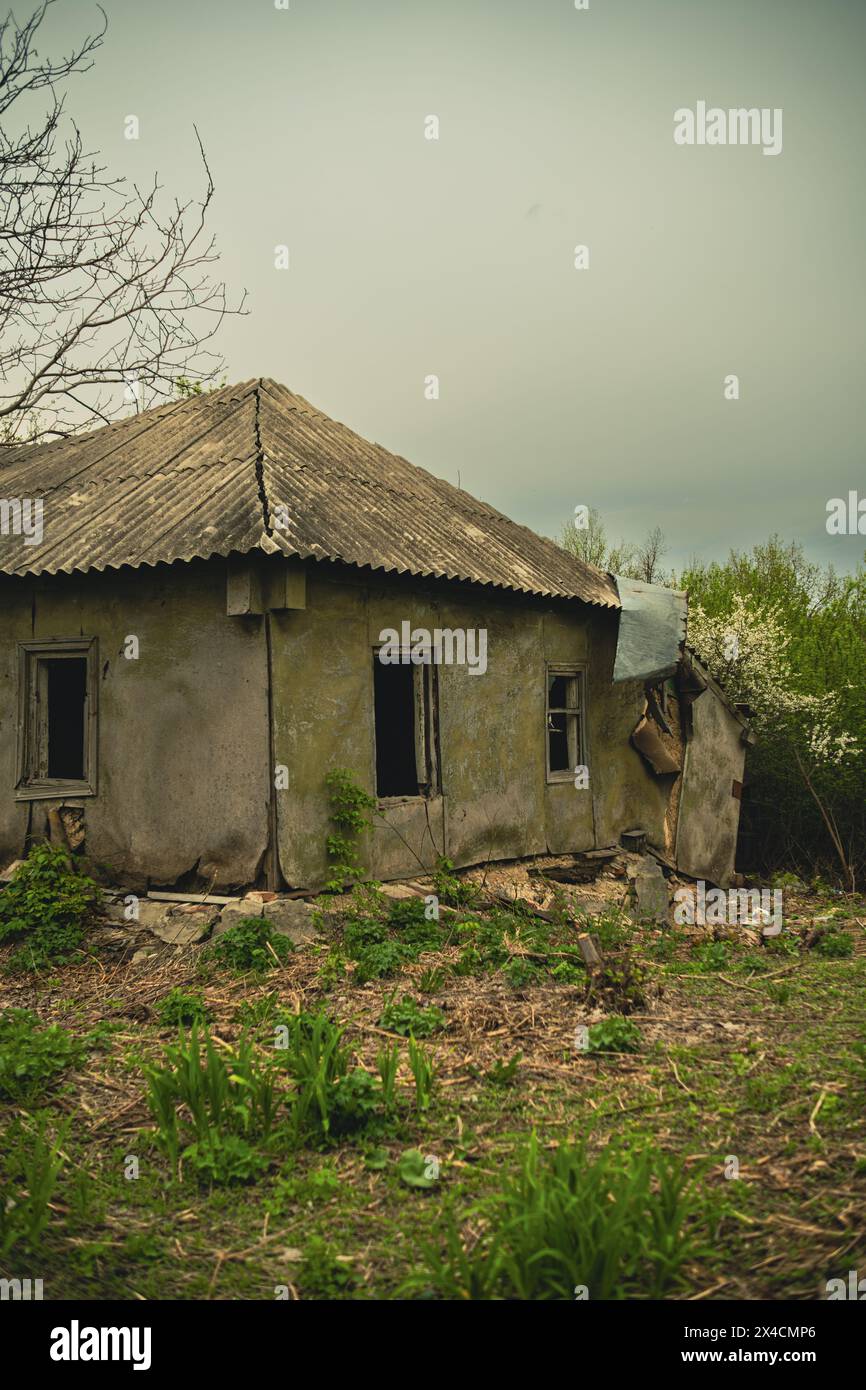 Baufälliges Landhaus an einem bewölkten Tag mit bewachsener Vegetation. Verlassenes Haus fällt auseinander, während die Natur an einem bewölkten Tag die Herrschaft übernimmt Stockfoto