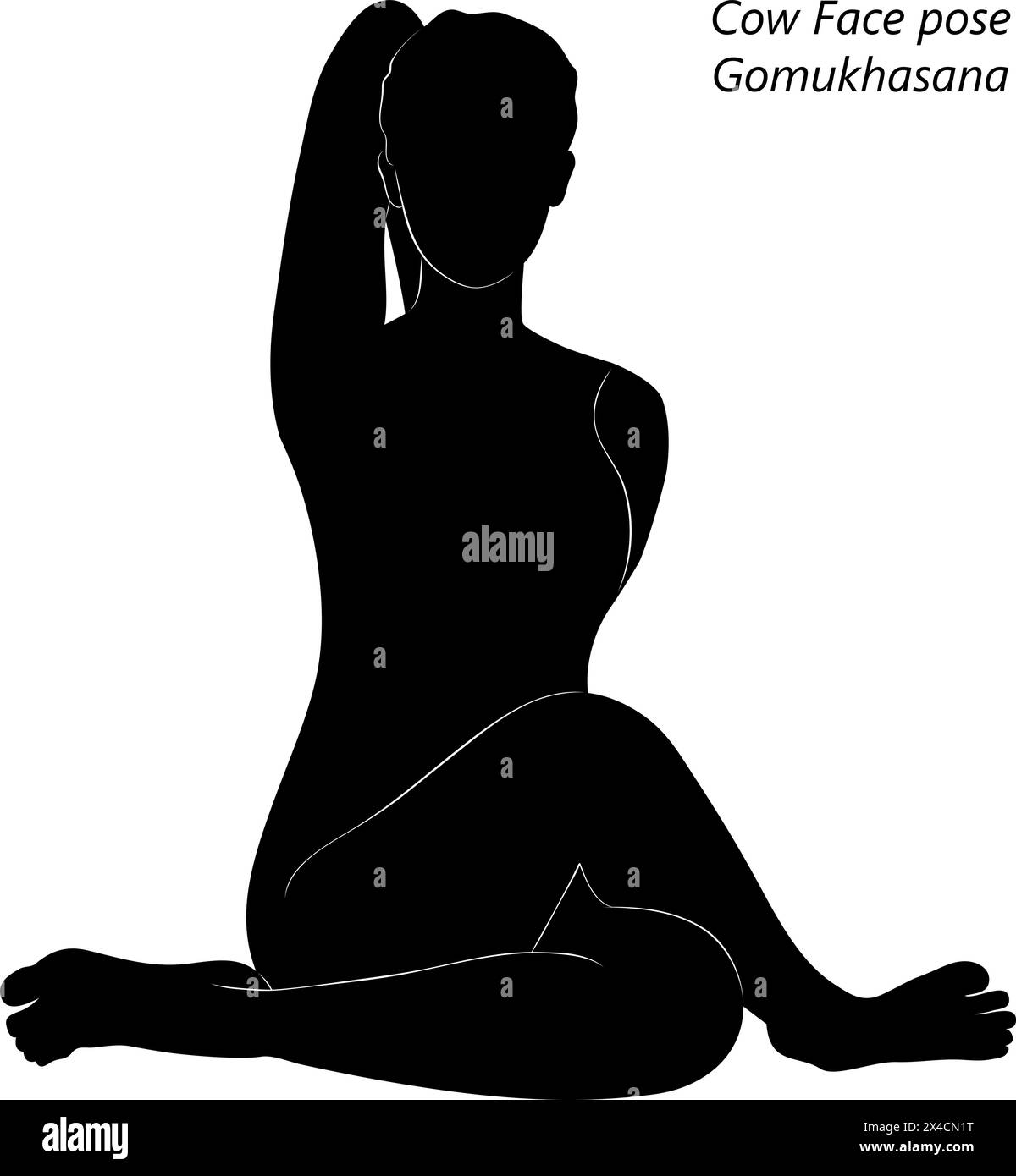Silhouette einer jungen Frau, die Gomukhasana Yoga-Pose praktiziert. Haltung des Kuhgesichts. Mittlere Schwierigkeit. Isolierte Vektordarstellung Stock Vektor