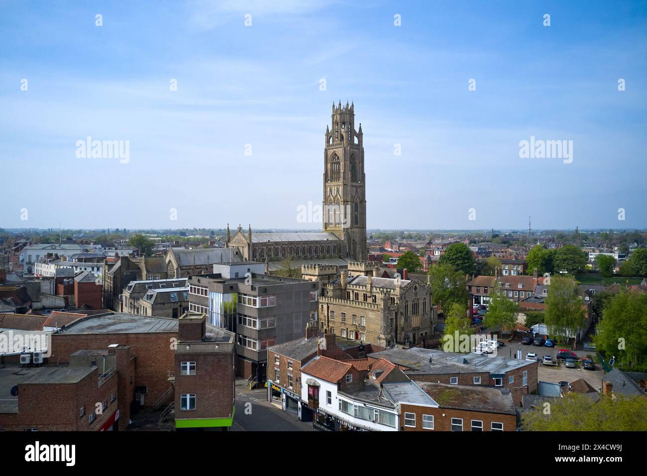 Boston ist eine Marktstadt und ein Binnenhafen im gleichnamigen Borough im County Lincolnshire, England. St. Botolph's Church ist die anglikanische Kirche Stockfoto