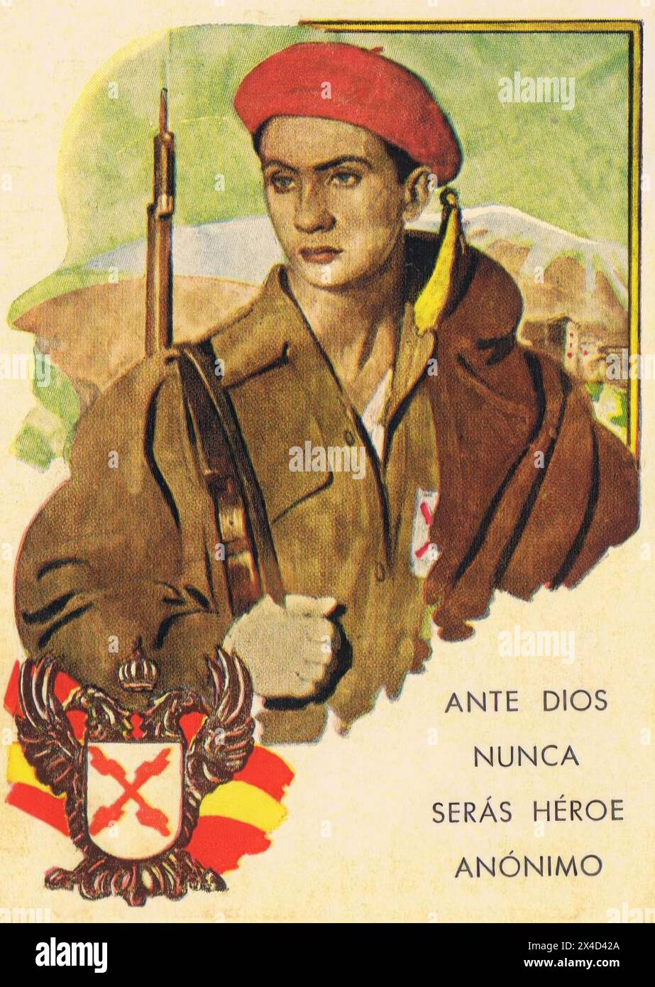 Cartel de la guerra Civil Española 'ante Dios nunca serás un heroe anónimo', 1956. Stockfoto