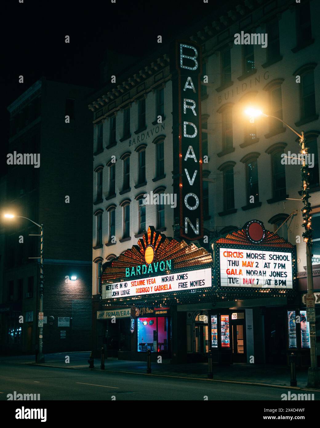 Bardavon Theaterschild bei Nacht in Poughkeepsie, New York Stockfoto