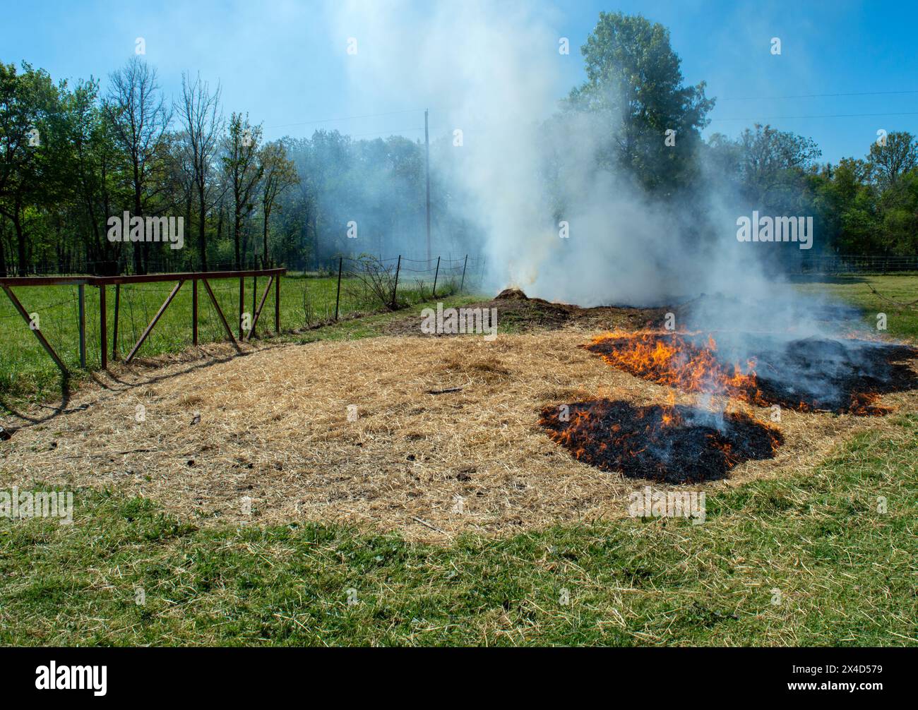 Die Wetterbedingungen waren perfekt für eine dringend benötigte kontrollierte Verbrennung, um altes Stroh und Heu auf dieser Missouri Weide zu beseitigen. Stockfoto